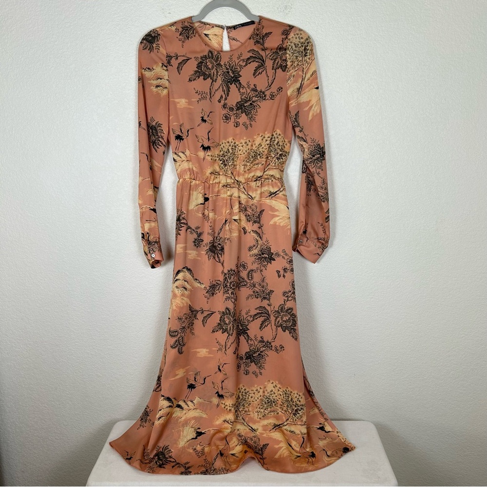 Zara Women’s Sz XS Romantic Asian capsule floral keyhole waist tie silky midi